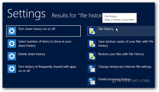 Paramètres de l'historique des fichiers Rechercher dans Windows 8