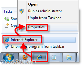 comment accéder aux propriétés de raccourci pour les raccourcis de la barre des tâches épinglés dans Windows 7