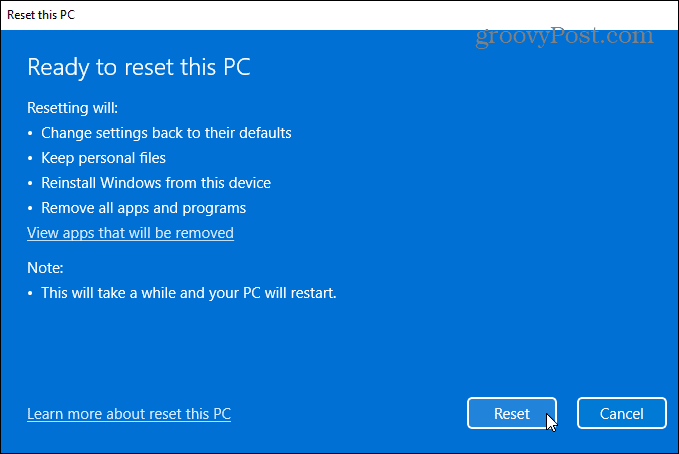 prêt à réinitialiser Windows 11 PC