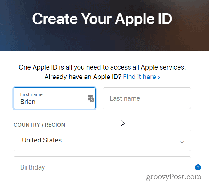 formulaire pour créer un identifiant Apple