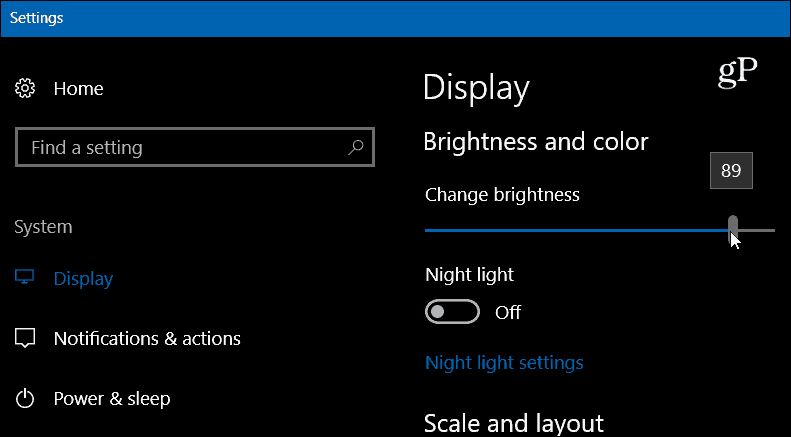 Luminosité de l'affichage des paramètres de Windows 10