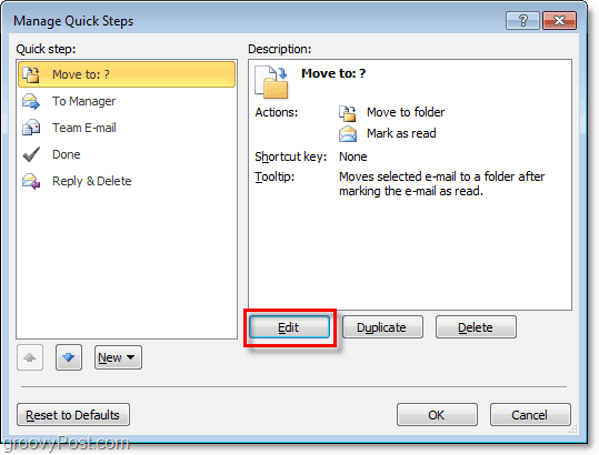 modifier les étapes rapides d'Outlook 2010