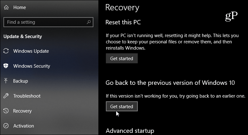 revenir à la version précédente de Windows 10