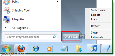 le bouton d'alimentation du menu Démarrer de Windows 7 avec les propriétés par défaut à l'arrêt