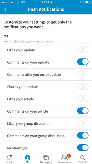 options de notification de l'application linkedin iphone