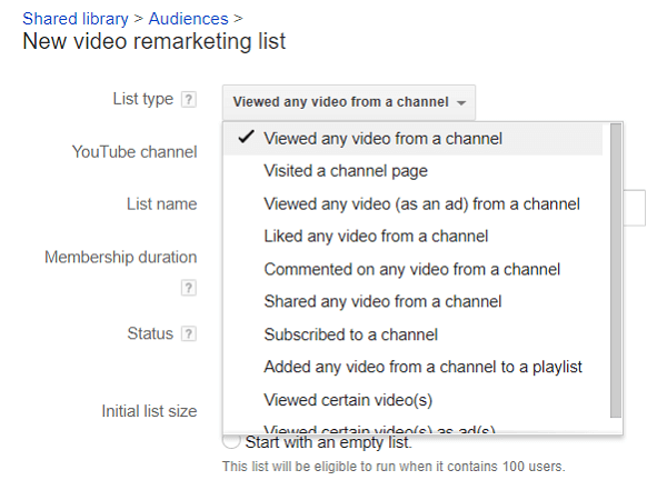 Vous pouvez diviser vos listes de spectateurs YouTube pour le remarketing.