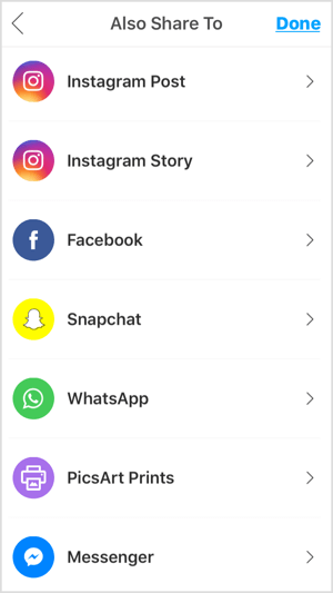 Les applications mobiles comme PicsArt vous permettent de partager votre photo sur Instagram, Facebook et d'autres plates-formes.