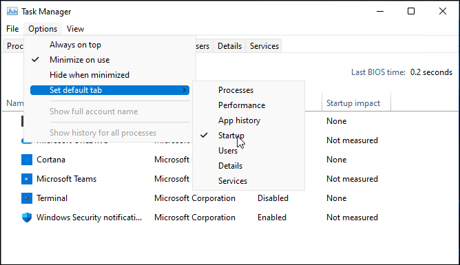 Modifier la page de démarrage du gestionnaire de tâches sous Windows 11
