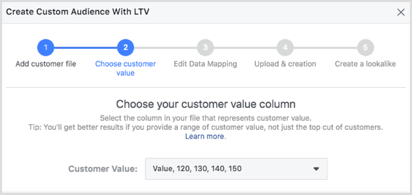 Choisissez votre colonne de valeur client dans la boîte de dialogue Créer une audience client avec LTV.