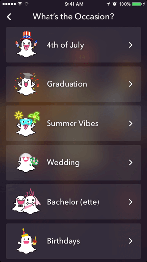 Sélectionnez un thème pour votre géofiltre Snapchat.
