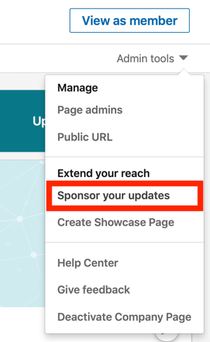 Comment créer une annonce textuelle LinkedIn, étape 1, Parrainez vos mises à jour sous Outils d'administration