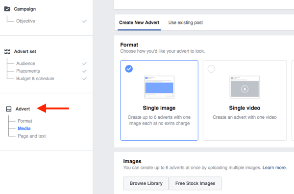 Le niveau inférieur de la structure de la campagne Facebook est l'endroit où vous choisissez votre création publicitaire.