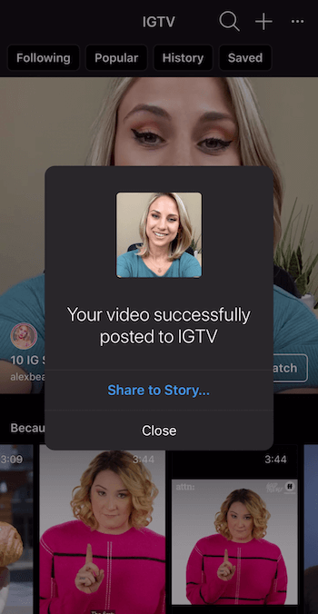 invite à partager la vidéo IGTV sur Instagram Stories