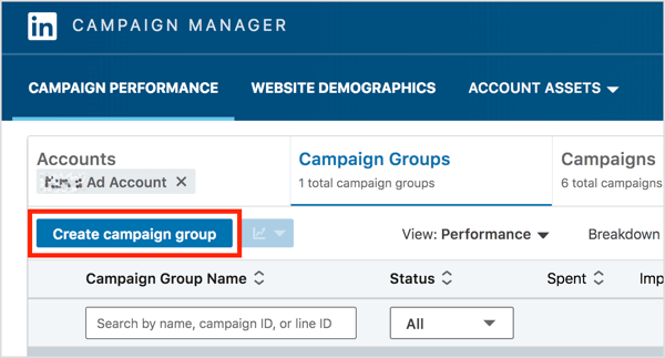 Dans l'onglet Groupes de campagnes de LinkedIn Campaign Manager, cliquez sur le bouton Créer un groupe de campagnes.