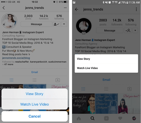 Les visiteurs du profil Instagram peuvent choisir l'option à afficher dans vos histoires si vous avez à la fois une vidéo de rediffusion et des articles d'histoire.