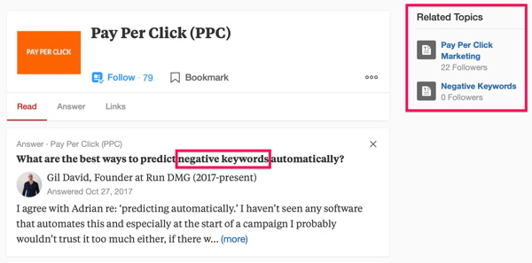 Exemple de résultat de recherche Quora comprenant le terme de recherche "PPC" et l