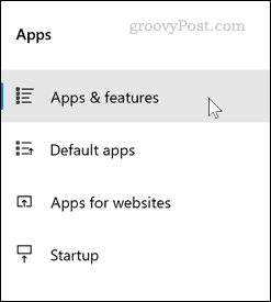 Menu d'options Windows Apps & Features