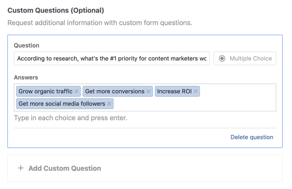 Exemple d'options de question et de réponse pour une question pour une campagne publicitaire de plomb Facebook.