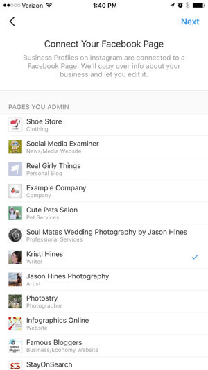 profil d'entreprise instagram se connecter à la page facebook