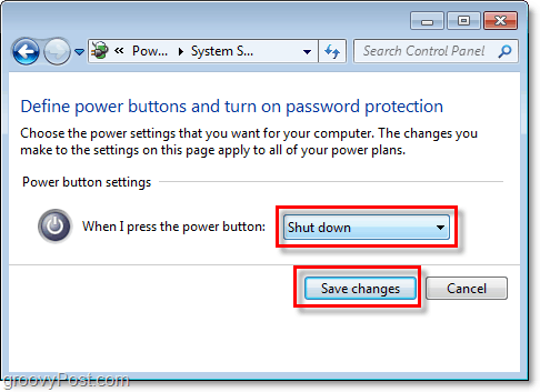 ajustez ce que fera votre bouton d'arrêt de Windows 7, cliquez sur enregistrer les modifications pour terminer