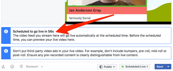 Facebook affiche un compte à rebours avant le début de votre diffusion en direct.