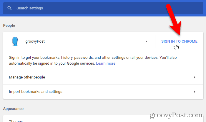 Cliquez sur Se connecter à Chrome sur Windows