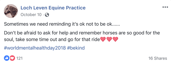 Exemple de publication Facebook avec emoji de Lock Leven Equine Practice.