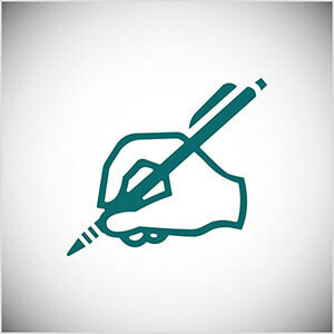 Il s'agit d'une illustration en ligne sarcelle d'une main qui écrit avec un crayon. Seth Godin pratique quotidiennement l'écriture sur son blog.