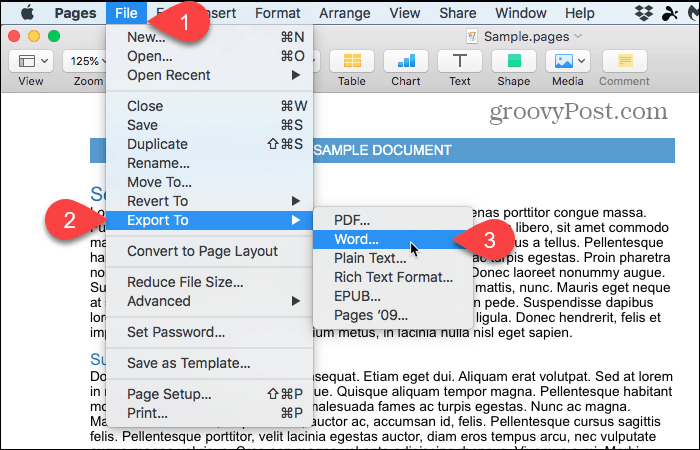 Fichier> Exporter vers> Word dans Pages sur Mac