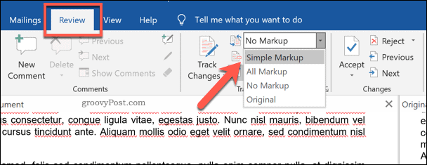 Changement de vue de document dans la vue d'ensemble de la comparaison de documents de Word