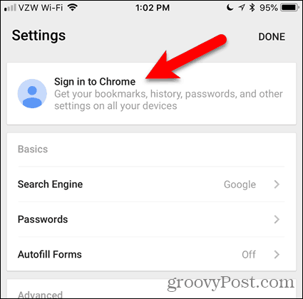 Appuyez sur Se connecter à Chrome sur iOS