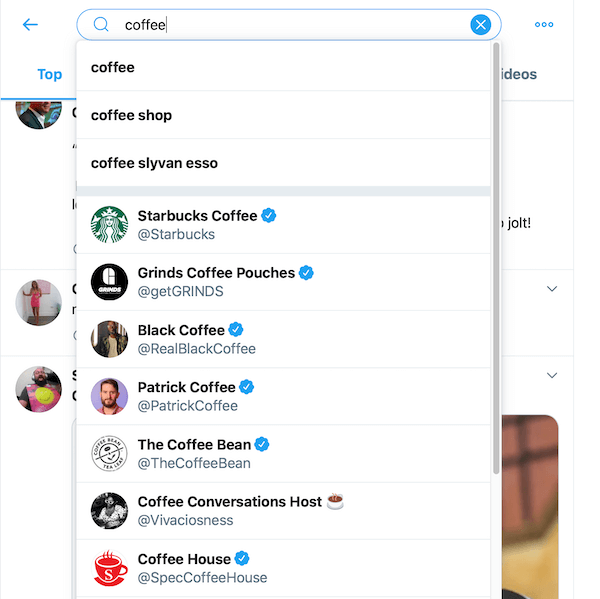 échantillon de résultats de recherche de café dans le champ de recherche Twitter