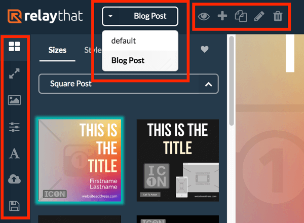 Utilisez le menu de gauche pour afficher différentes dispositions pour votre projet RelayThat et utilisez le menu supérieur pour sélectionner votre projet.