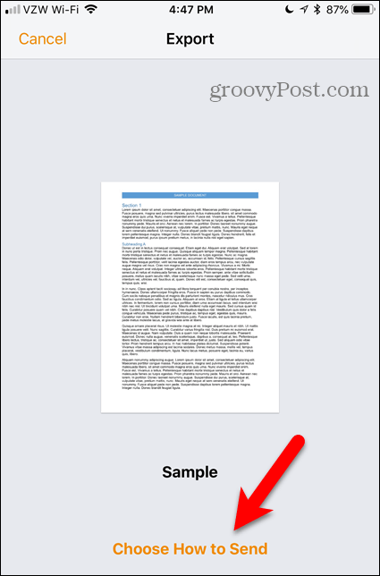 Choisissez Comment envoyer le lien dans Pages pour iOS