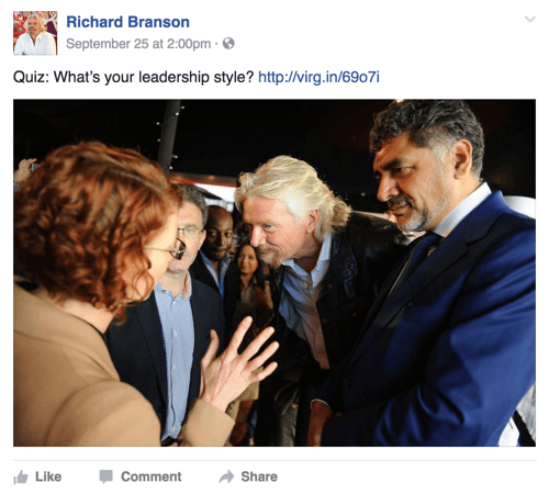 Article facebook de Richard Branson avec quiz