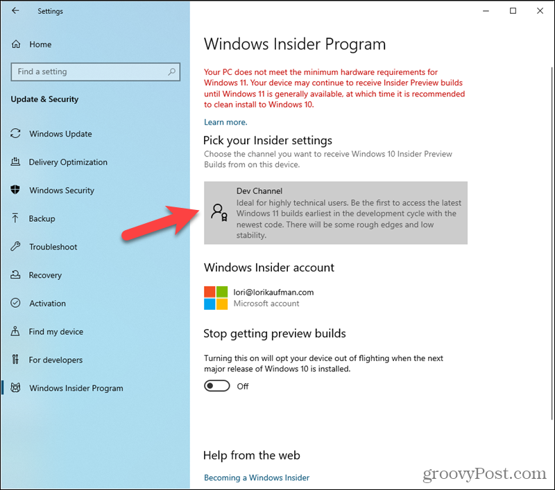 Canal de développement défini dans les paramètres du programme Windows Insider