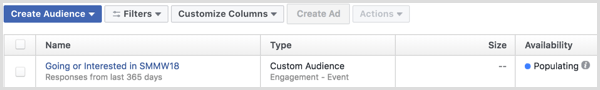 Facebook Ads Manager crée une annonce avec une audience personnalisée