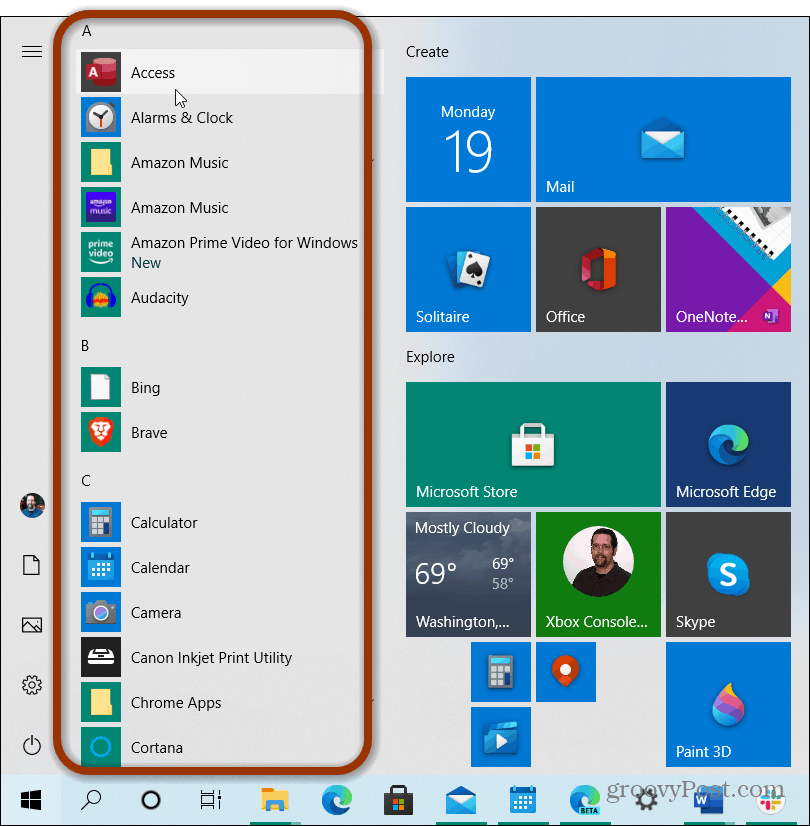liste des applications menu de démarrage windows 10