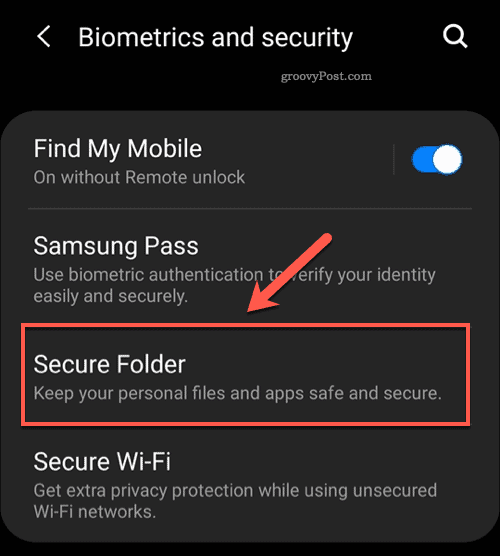 Option de menu du dossier sécurisé Android