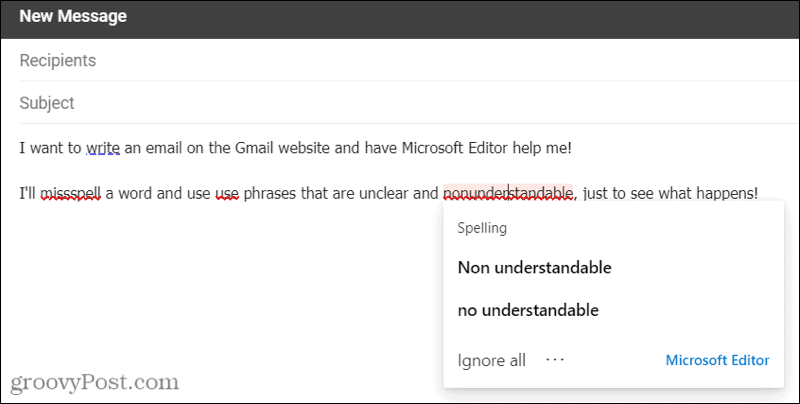 Microsoft Editor dans Gmail utilisant l'extension Edge