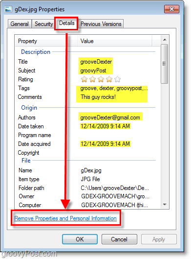 afficher les détails du fichier dans Windows 7 et cliquer sur supprimer les propriétés et les informations personnelles