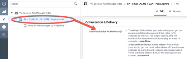Optimisation de Facebook ThruPlay pour la modification de la campagne de 10 secondes de vues, étape 3.