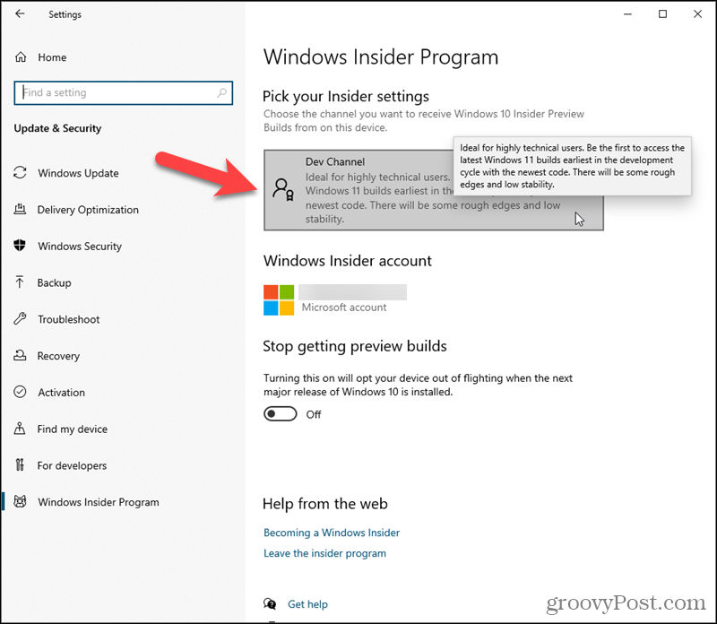 Cliquez sur Dev Channel sous Choisissez vos paramètres Insider dans Windows 10