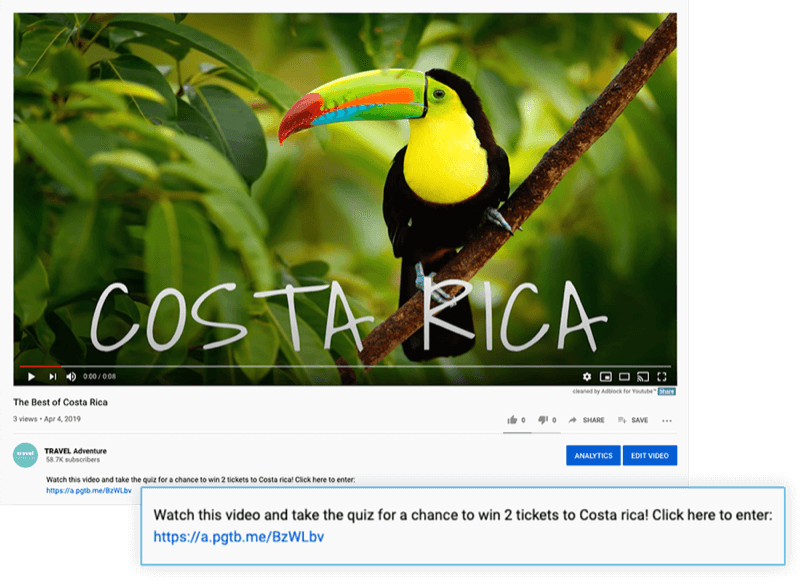 a mis en évidence la description de la vidéo youtube avec une offre de regarder la vidéo et de répondre au quiz pour courir la chance de gagner 2 billets pour le costa rica