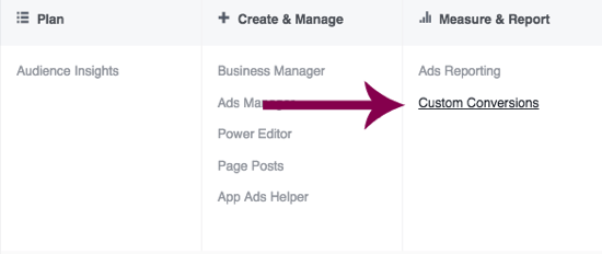 Accédez à Conversions personnalisées dans Facebook Ads Manager.