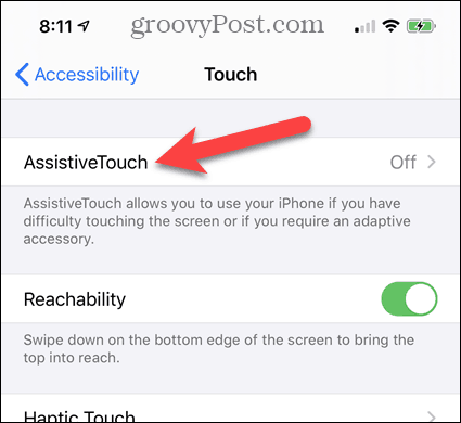 Appuyez sur AssistiveTouch dans les paramètres d'accessibilité de l'iPhone