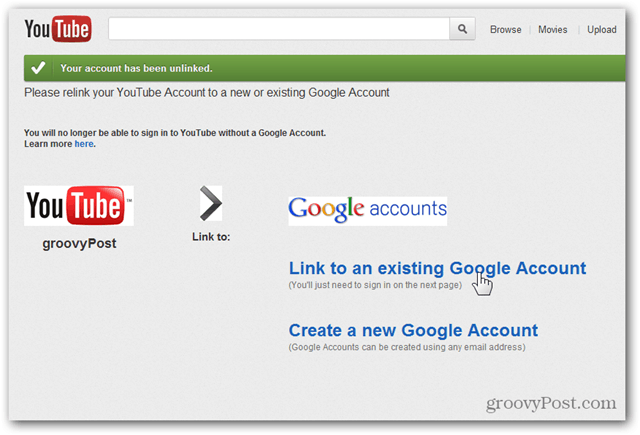 Associer un compte YouTube à un nouveau compte Google - Cliquez sur Lier à un compte existant