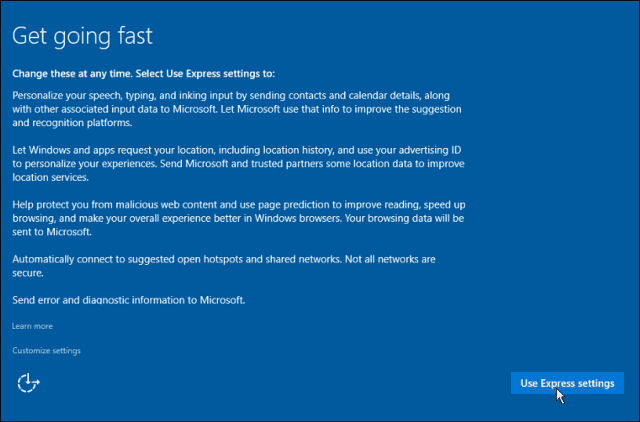 Paramètres express Windows 10