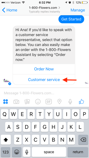 1-800-Flowers donne aux clients la possibilité de se connecter avec un agent en direct, qui peut offrir une aide personnalisée.