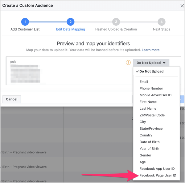 Dans le menu déroulant, sélectionnez ID utilisateur de la page Facebook.
